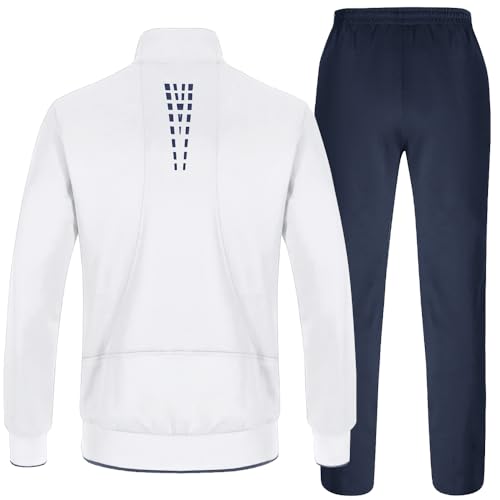 TBMPOY Men's Tracksuits Sweatsuits for Men Set Track Suits 2 Piece Casual Athletic Jogging Warm Up Full Zip Sweat Suits White/Dark Blue XL - Image 2