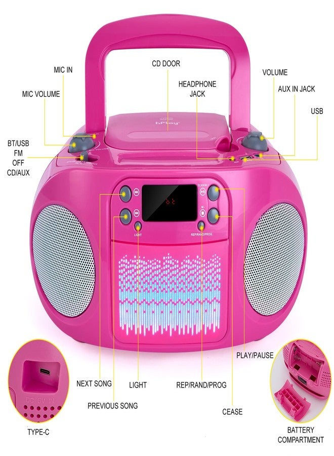 hPlay GC09 Kids Boombox, CD Player, Bluetooth connectivity for Smartphones, AUX, USB, Radio and MP3 connectivity, Sing Along Function, USB Power Adapter Included (Microphone not Included)- Pink - Image 4