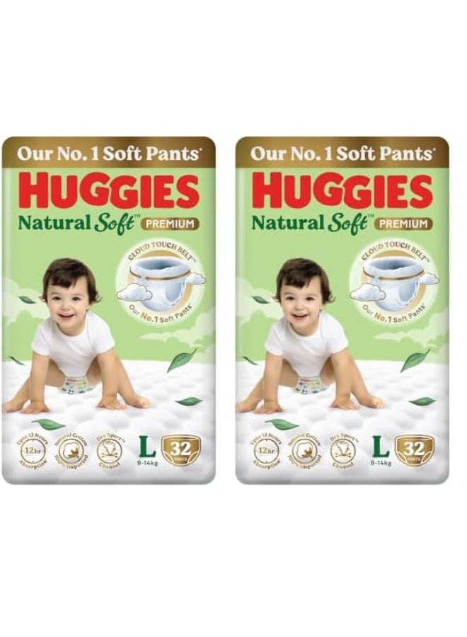 Huggies Natural Soft Premium Baby Diaper Pants, Our No.1 Soft Pants, Large (L) Size (9-14 Kgs), Pack of 32*2 diapers | Cloud Softness All over with India's 1st Cloud Touch Belt - Image 1