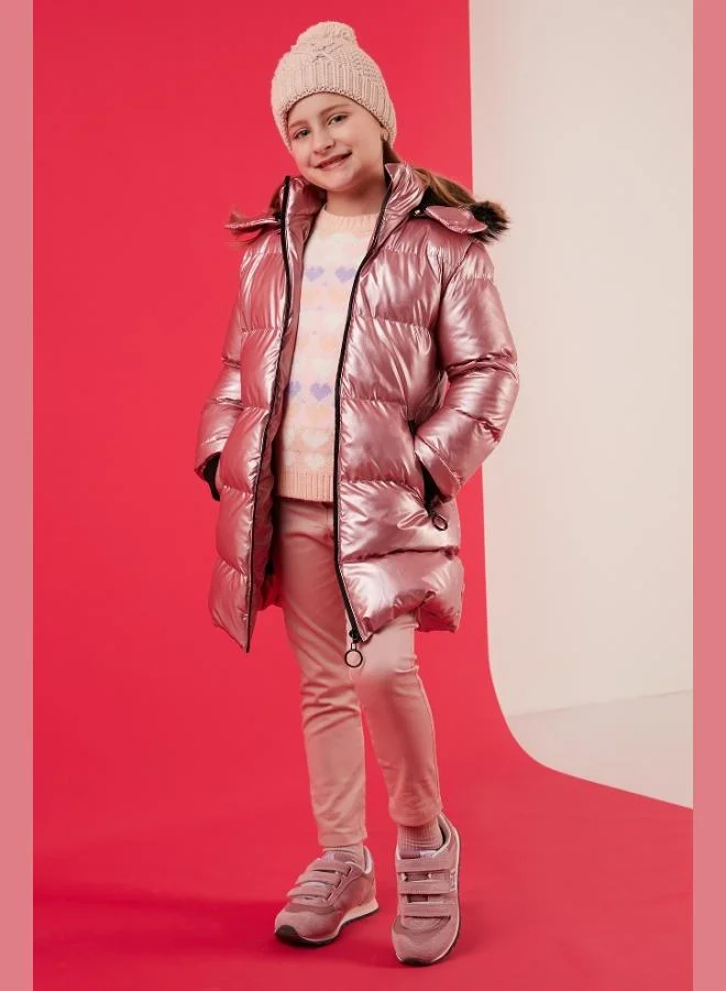 ليلا معطف شتوي بغطاء رأس قابل للإزالة وبطانة فرو صناعي للبنات