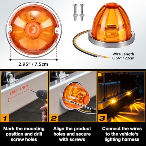 Suacopzar 6PCS Amber Watermelon Lights for Semi Truck Trailer, Dual Mode Steady & Strobe Cab Marker Roof Clearance Lights, Durable ABS Lens Amber LED Water Melon Light for Kenworth Peterbilt Freightliner Trucks - Image 5
