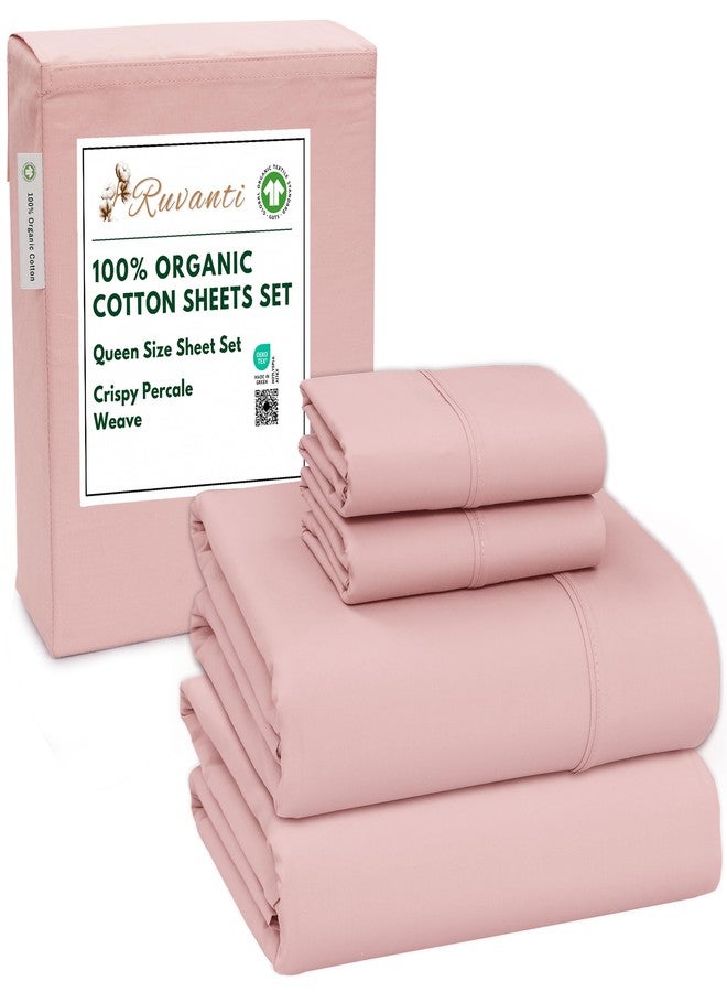RUVANTI 100% Organic Cotton Sheets Queen Size, Percale Weave, GOTS Certified, 4-Piece Set, Deep Pocket 15", Crisp & Breathable, Soft Durable Bedding, Sábanas Algodón Orgánico -Peach Skin - Image 1