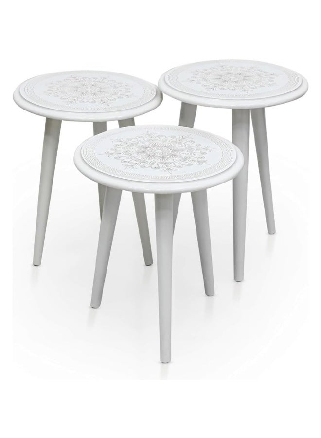 مالتي هوم فيرنيتشر طقم طاولات متداخلة من 3 قطع من Multi Home Furniture باللون الأبيض - تصميم طاولة قهوة دائرية موفرة للمساحة لغرفة المعيشة وغرفة النوم والمكتب - طاولة خارجية قابلة للتكديس وطاولة زاوية للقهوة - Image 1