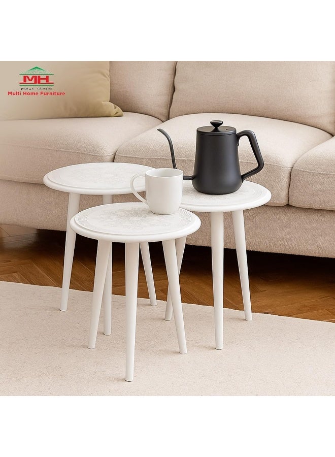 مالتي هوم فيرنيتشر طقم طاولات متداخلة من 3 قطع من Multi Home Furniture باللون الأبيض - تصميم طاولة قهوة دائرية موفرة للمساحة لغرفة المعيشة وغرفة النوم والمكتب - طاولة خارجية قابلة للتكديس وطاولة زاوية للقهوة - Image 2