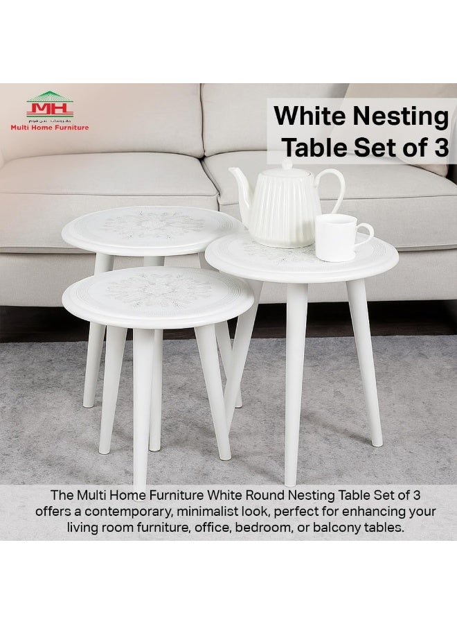 مالتي هوم فيرنيتشر طقم طاولات متداخلة من 3 قطع من Multi Home Furniture باللون الأبيض - تصميم طاولة قهوة دائرية موفرة للمساحة لغرفة المعيشة وغرفة النوم والمكتب - طاولة خارجية قابلة للتكديس وطاولة زاوية للقهوة - Image 3