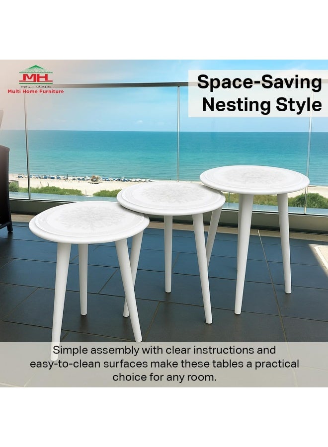 مالتي هوم فيرنيتشر طقم طاولات متداخلة من 3 قطع من Multi Home Furniture باللون الأبيض - تصميم طاولة قهوة دائرية موفرة للمساحة لغرفة المعيشة وغرفة النوم والمكتب - طاولة خارجية قابلة للتكديس وطاولة زاوية للقهوة - Image 5