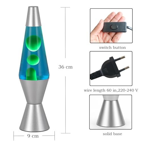 KARP 14.5 Inch Lava Lamp (Blue Water & Green Lava) | Silver Base, Metal & Glass | 220-240V 50Hz | R39 E14 25W Bulb | Run by Plug with Inline Switch | Ambient Night Lamp & Gift for Home Decor & Office - Image 4