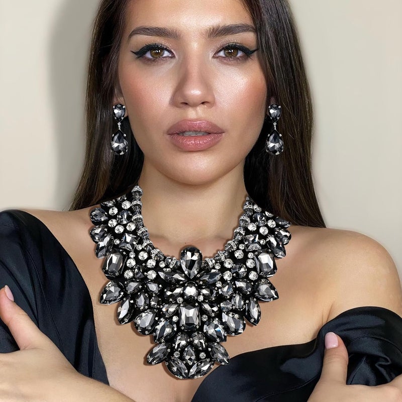 Flyonce Costume Jewelry for Women, 9 Colors Rhinestone Crystal Statement Necklace Earrings Set - Image 2