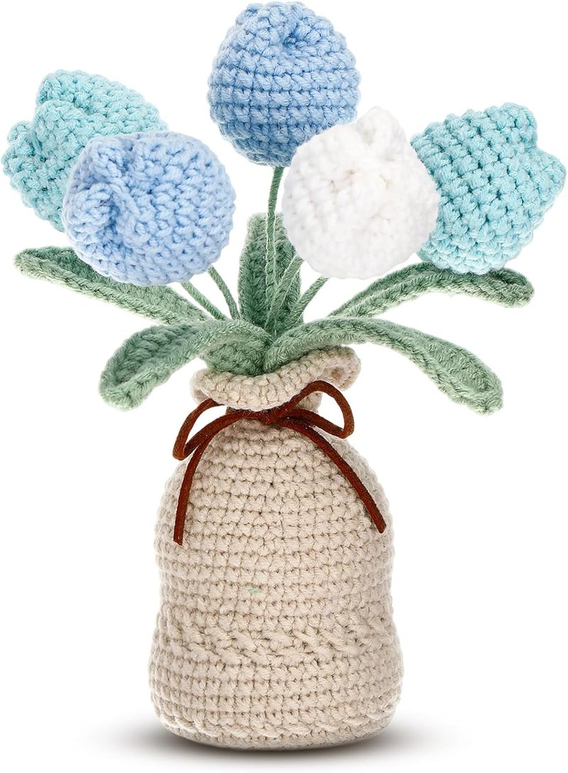 Marsui Crochet Knitting Tulip Bouquet with Vase 7" Knitted Artificial Forever Tulip Handmade Woven Flower with Exquisite Pot Gift for Valentine's Day Back to School Gift Family Home Desk Decor(Blue) - Image 1
