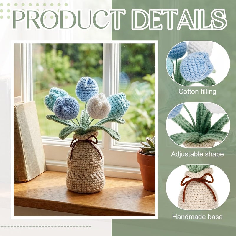 Marsui Crochet Knitting Tulip Bouquet with Vase 7" Knitted Artificial Forever Tulip Handmade Woven Flower with Exquisite Pot Gift for Valentine's Day Back to School Gift Family Home Desk Decor(Blue) - Image 2