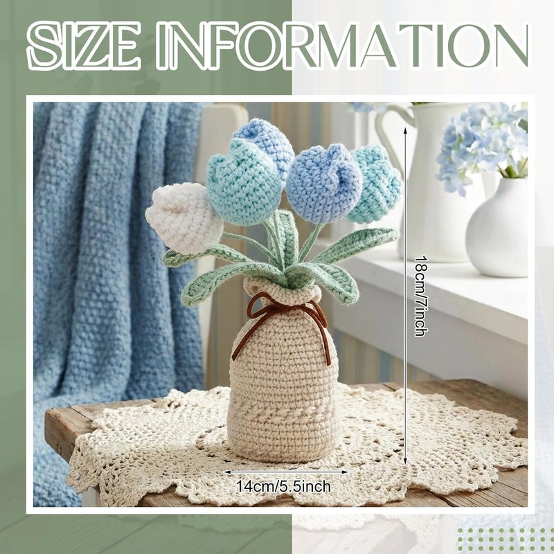 Marsui Crochet Knitting Tulip Bouquet with Vase 7" Knitted Artificial Forever Tulip Handmade Woven Flower with Exquisite Pot Gift for Valentine's Day Back to School Gift Family Home Desk Decor(Blue) - Image 3