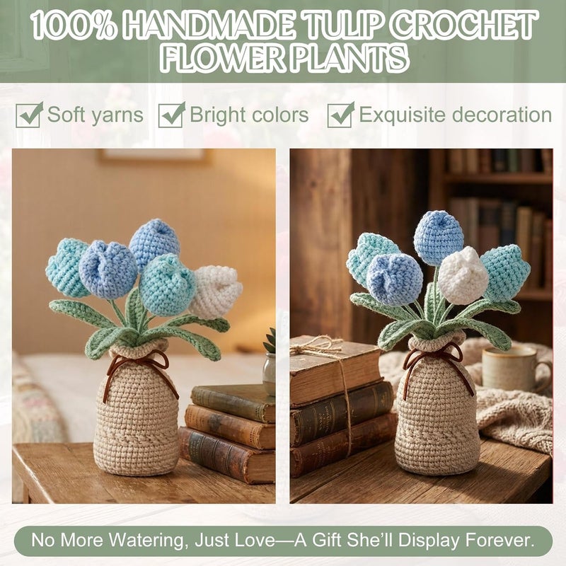 Marsui Crochet Knitting Tulip Bouquet with Vase 7" Knitted Artificial Forever Tulip Handmade Woven Flower with Exquisite Pot Gift for Valentine's Day Back to School Gift Family Home Desk Decor(Blue) - Image 5