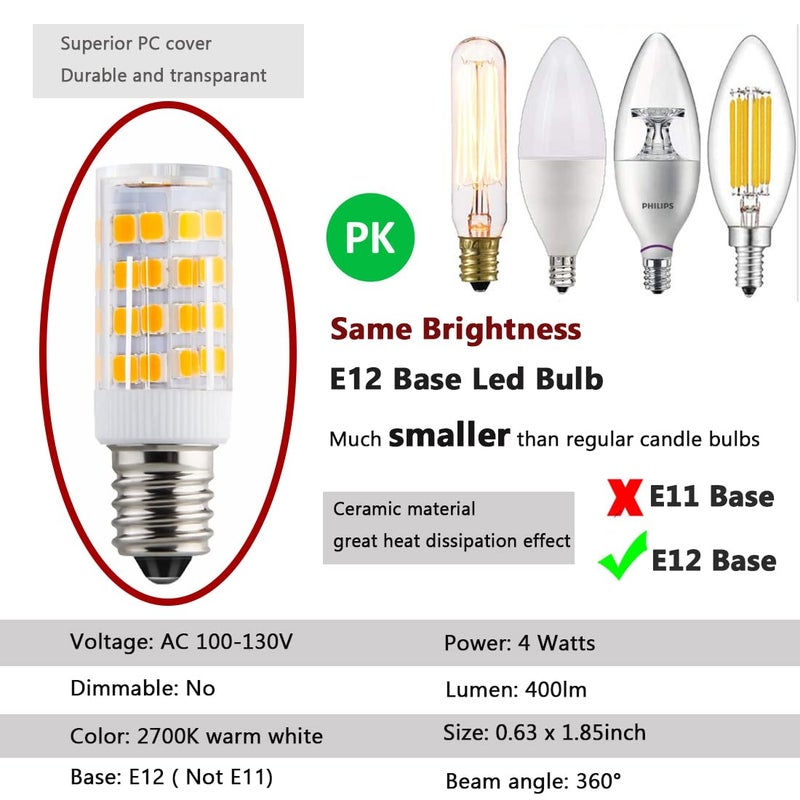 KAKEMONO E12 LED Candelabra Light Bulbs 4W Replace E12 40 Watt Halogen Equivalent,Warm White 2700K C7 T4 120V Small Base E12 for Ceiling Fan Chandelier Pendant Lighting Salt Lamp,Non-dimmable,2 Pack - Image 2