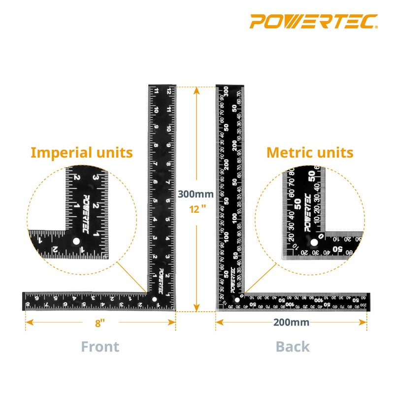 POWERTEC Framing Square, 16 x 24 Inch Steel Carpenter Square with Rafter Tables, Framing Tools & Right Angle Ruler for Carpenter, Woodworking, Construction, 2PK (80036-P2) - Image 2