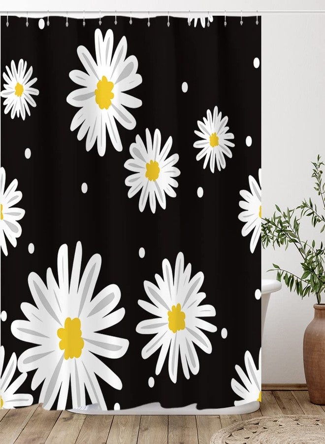 Tititex Cute White Daisy Floral Shower Curtain Sets - Abstract Aesthetic Flowers Black Bathroom Curtain Waterproof Polyester Fabric Bath Curtains with 12 Hooks, 70 x 70 Inches - Image 1
