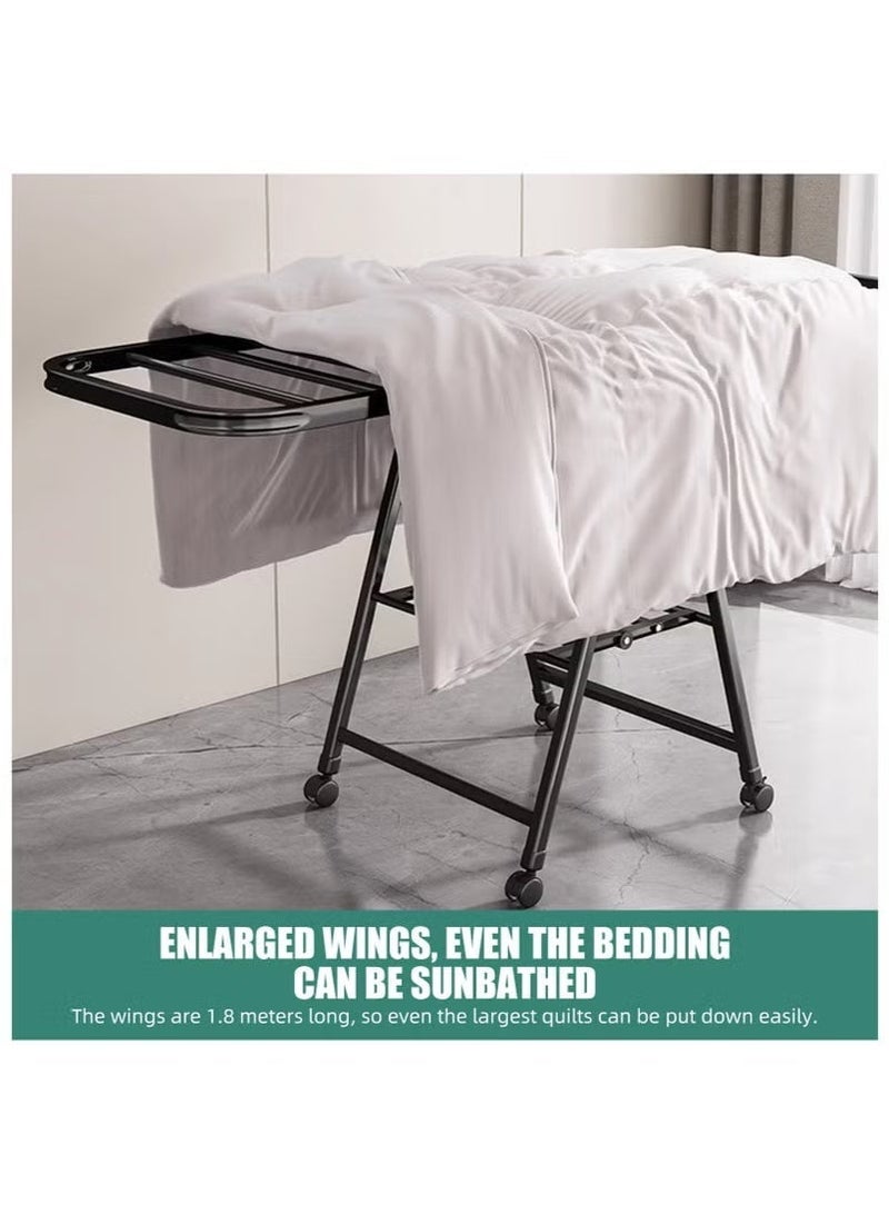 This reinforced, foldable clothes rack is made of three layers of carbon steel, extends to 160 cm, and has a maximum load capacity of 100 kg. It features adjustable side wings and can be used both indoors and outdoors. Suitable for drying clothes, bedding, and shoes, this rack includes four shoe racks and casters. - Image 4