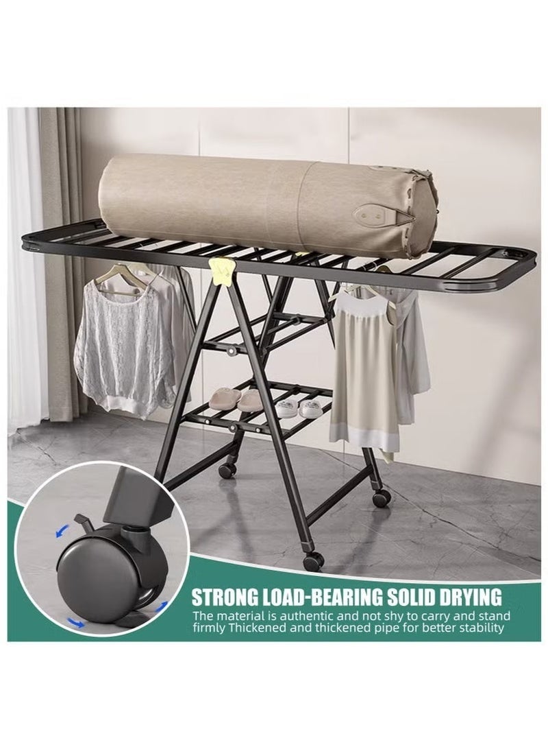 This reinforced, foldable clothes rack is made of three layers of carbon steel, extends to 160 cm, and has a maximum load capacity of 100 kg. It features adjustable side wings and can be used both indoors and outdoors. Suitable for drying clothes, bedding, and shoes, this rack includes four shoe racks and casters. - Image 3