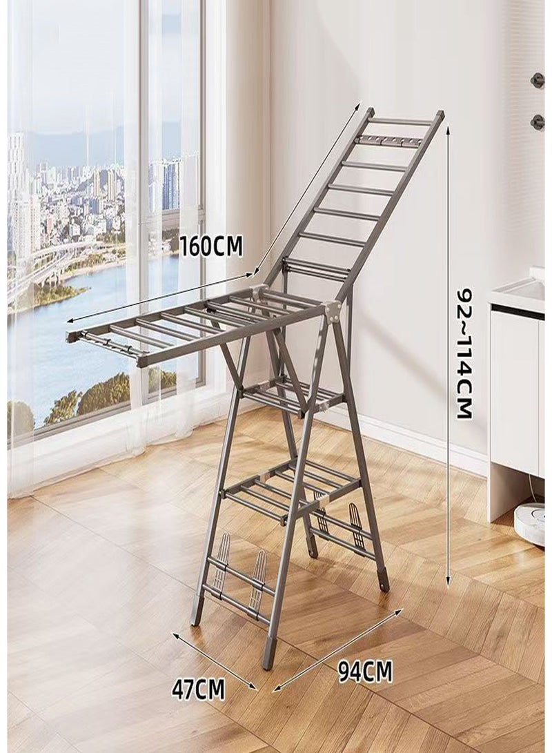 This reinforced, foldable clothes rack is made of three layers of carbon steel, extends to 160 cm, and has a maximum load capacity of 100 kg. It features adjustable side wings and can be used both indoors and outdoors. Suitable for drying clothes, bedding, and shoes, this rack includes four shoe racks and casters. - Image 1