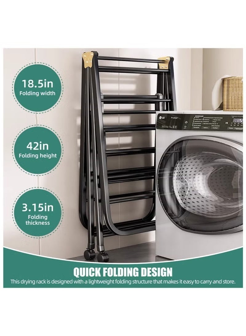This reinforced, foldable clothes rack is made of three layers of carbon steel, extends to 160 cm, and has a maximum load capacity of 100 kg. It features adjustable side wings and can be used both indoors and outdoors. Suitable for drying clothes, bedding, and shoes, this rack includes four shoe racks and casters. - Image 5