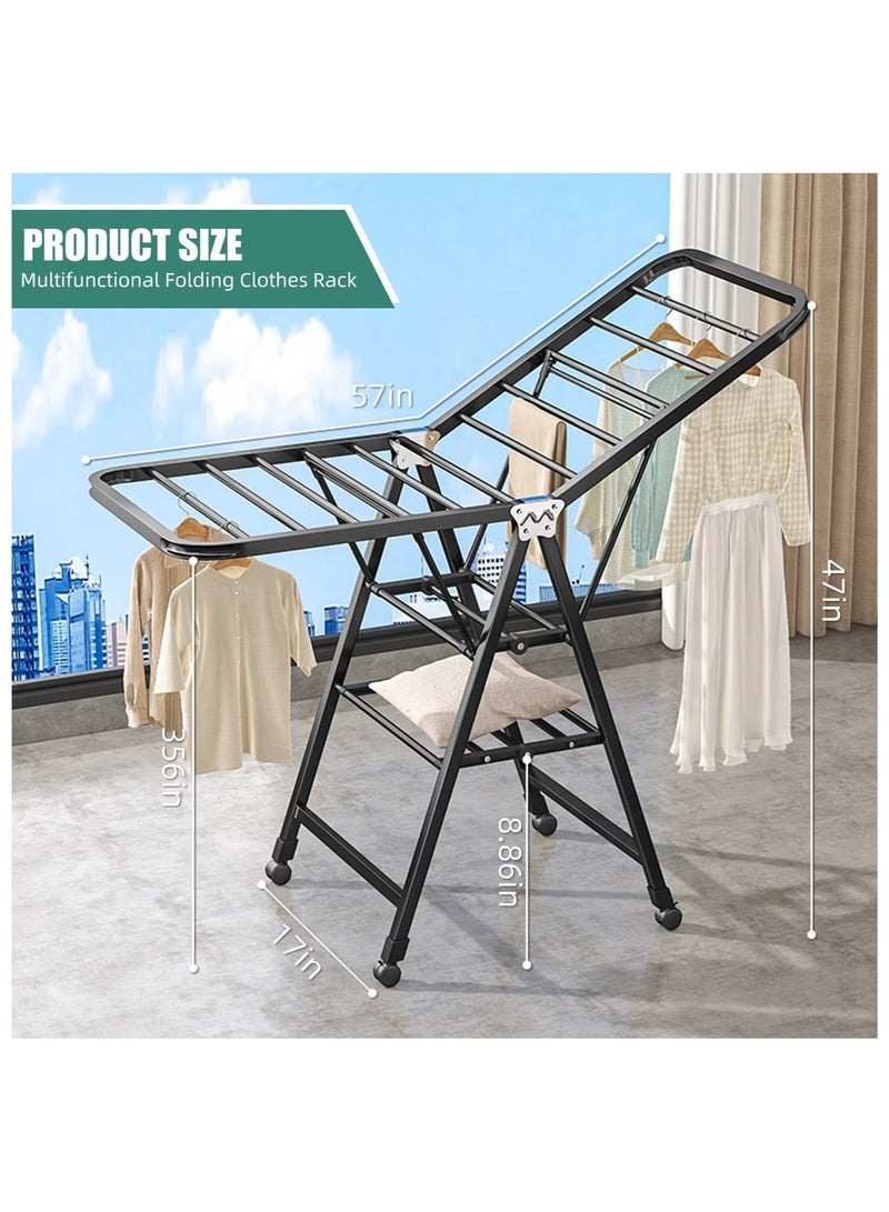 This reinforced, foldable clothes rack is made of three layers of carbon steel, extends to 160 cm, and has a maximum load capacity of 100 kg. It features adjustable side wings and can be used both indoors and outdoors. Suitable for drying clothes, bedding, and shoes, this rack includes four shoe racks and casters. - Image 1