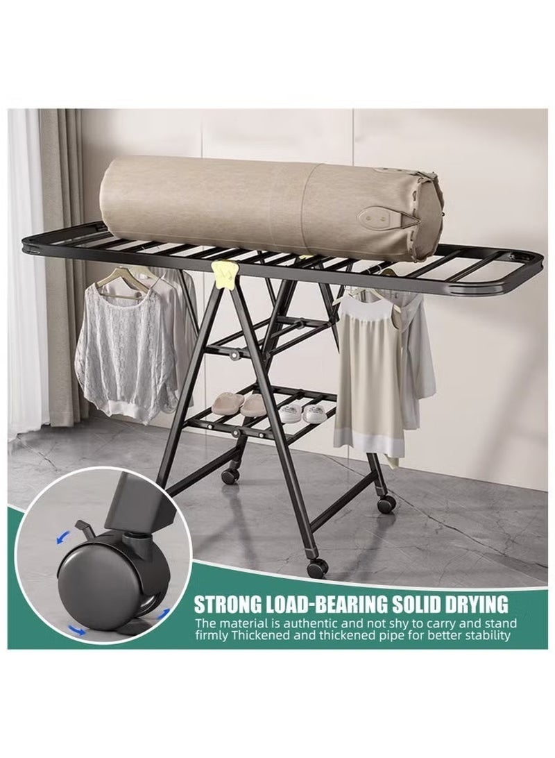 This reinforced, foldable clothes rack is made of three layers of carbon steel, extends to 160 cm, and has a maximum load capacity of 100 kg. It features adjustable side wings and can be used both indoors and outdoors. Suitable for drying clothes, bedding, and shoes, this rack includes four shoe racks and casters. - Image 5