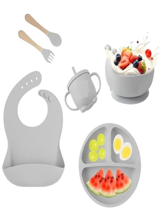 HITWA Silicone Feeding Set with Suction Plate, Bowl, Bib, Spoon, Fork & Cup | Durable BPA-Free Feeding Essentials for Infants & Toddlers (6 Pcs) (Grey) - Image 1