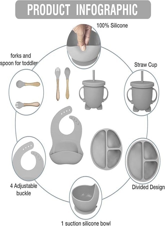 HITWA Silicone Feeding Set with Suction Plate, Bowl, Bib, Spoon, Fork & Cup | Durable BPA-Free Feeding Essentials for Infants & Toddlers (6 Pcs) (Grey) - Image 5
