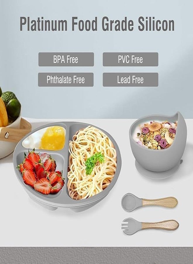 HITWA Silicone Feeding Set with Suction Plate, Bowl, Bib, Spoon, Fork & Cup | Durable BPA-Free Feeding Essentials for Infants & Toddlers (6 Pcs) (Grey) - Image 2