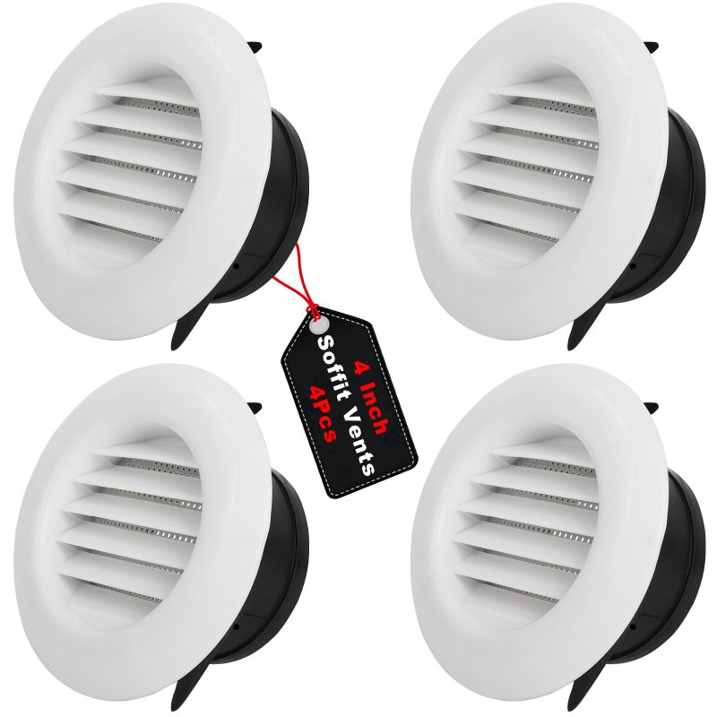 Wadoy Soffit Vents 4 Inch for Exhaust Fan with Screen for Bathroom Exhaust Fan 4 Packs Round ABS Louver Grille Cover White Builtin Fly Screen Mesh Eve Dryer Exhaust Vent Cover