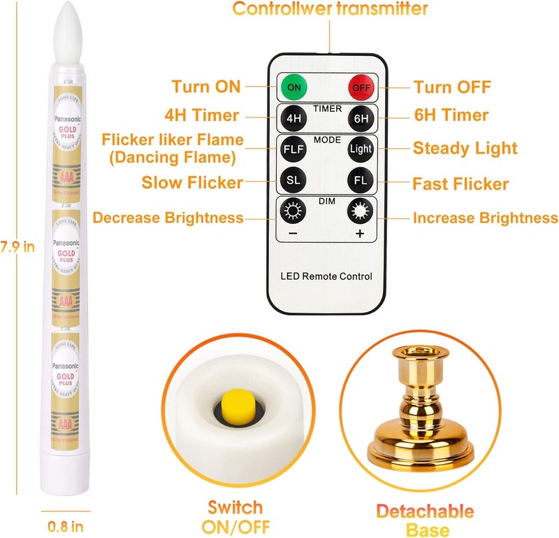 FPOO 7.9 Inch Flameless Taper Candles Flickering with Timer Remote, Battery Operated LED Window Candles with Removable Base and Suction Cups for Home Christmas Decor, 4PCS White - Image 4