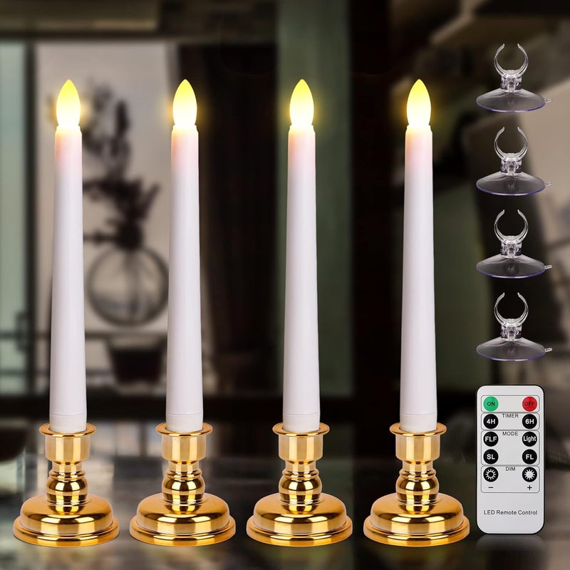 FPOO 7.9 Inch Flameless Taper Candles Flickering with Timer Remote, Battery Operated LED Window Candles with Removable Base and Suction Cups for Home Christmas Decor, 4PCS White - Image 1