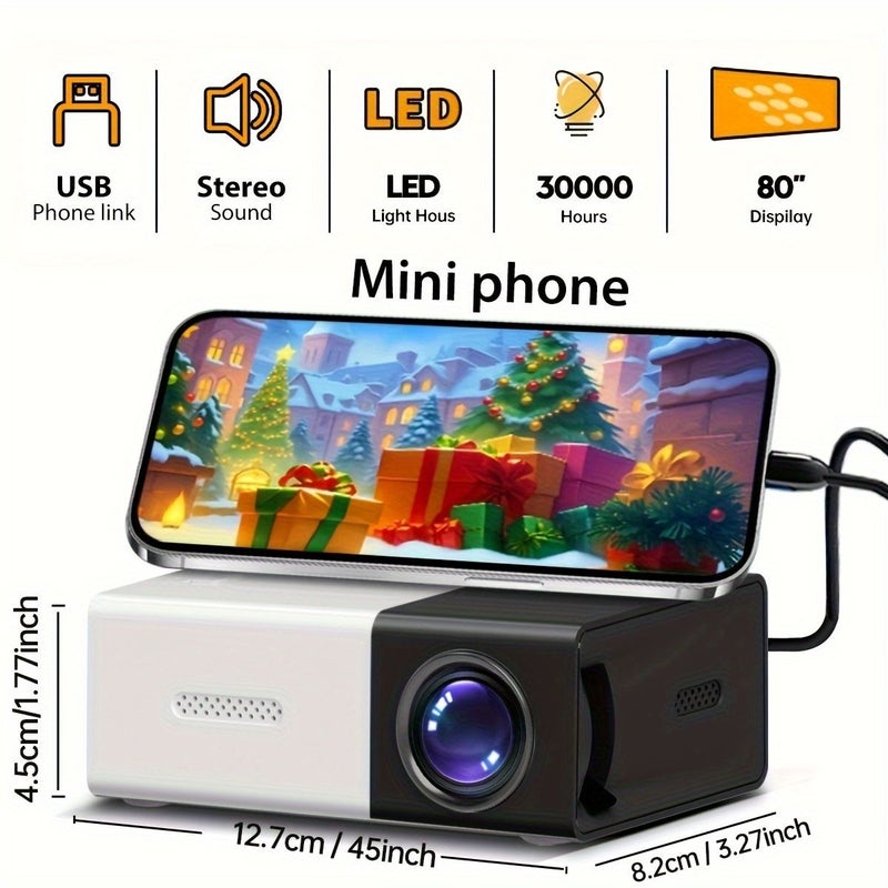 1080P Mini Portable Projector Black Remote Control Smart Home Theater Office Compatible USB AV iOS Android - Image 1