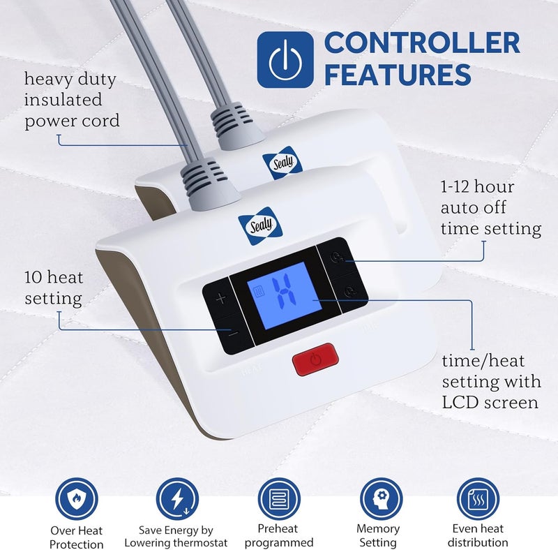 Sealy وسادة مرتبة كهربائية بحجم كينغ، 10 إعدادات تسخين، دافئة للسرير مع وحدة تحكم مزدوجة وإيقاف تلقائي من 1-12 ساعة، تناسب حتى 17 بوصة، قابلة للغسل في الغسالة، 78"x80" - Image 5