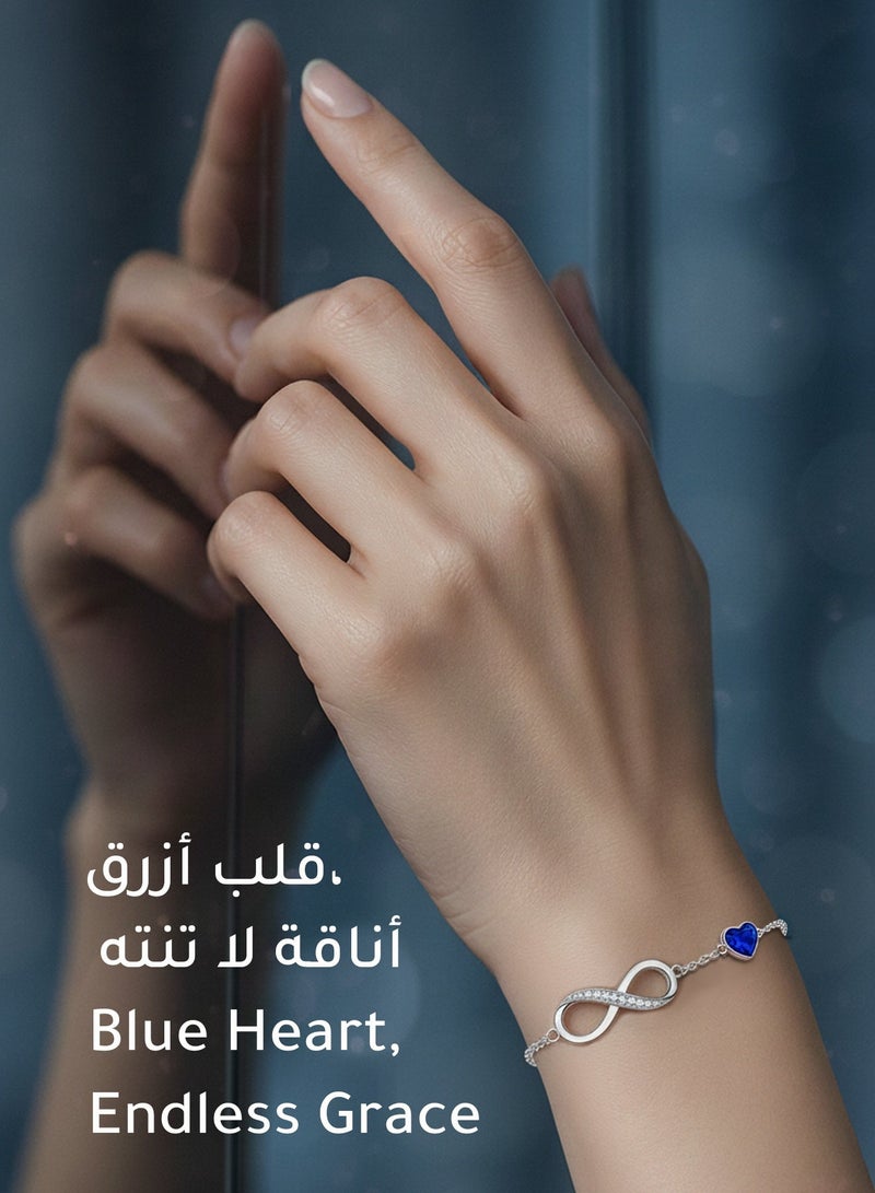 فوريكاسا سوار القلب الأزرق مع رمز اللانهاية – مطلي بالذهب الأبيض عيار 18، قابل للتعديل ‎16+4‎ سم، مع علبة هدايا بيضاء فاخرة مقاومة للأكسدة بتصميم نجوم لامع - Image 3