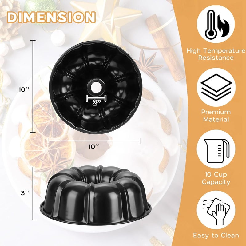 Onader 10 Inch Cake Pan, Non-Stick Round Fluted Tube Pan for Baking Pound Cake, 10 Cups Large Heavy Duty Carbon Steel Baking Mold Bakeware, Black - Image 2