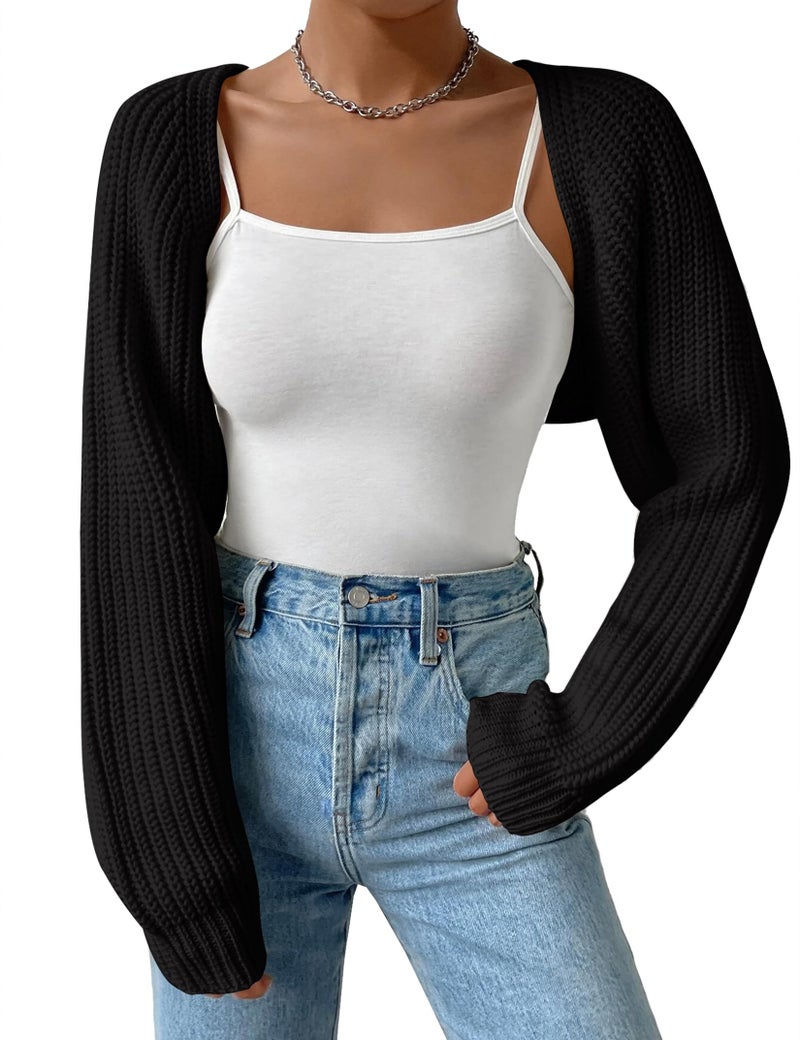 SECRETEYARD Women's Long Sleeve Open Front Knitted Crop Cardigan Drop Shoulder Knit Bolero Shrug Sweater Black - Image 1