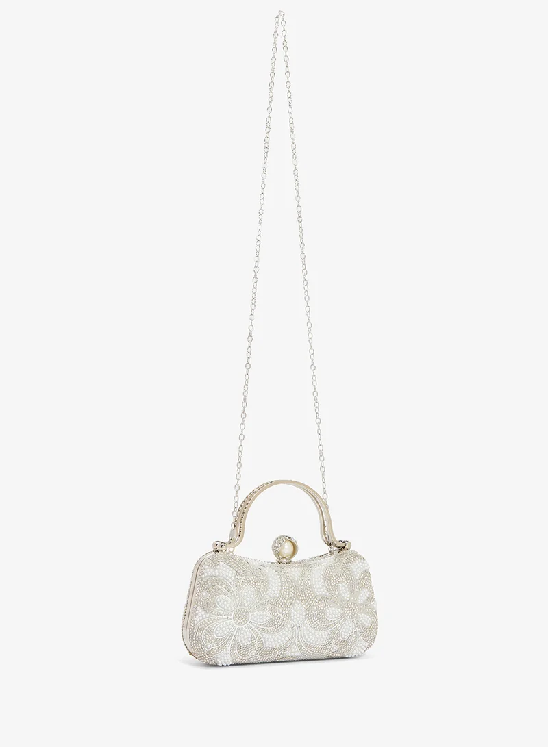 Khizana Pearl And Rhinestone Embellished Clutch With Silver Top Handle
