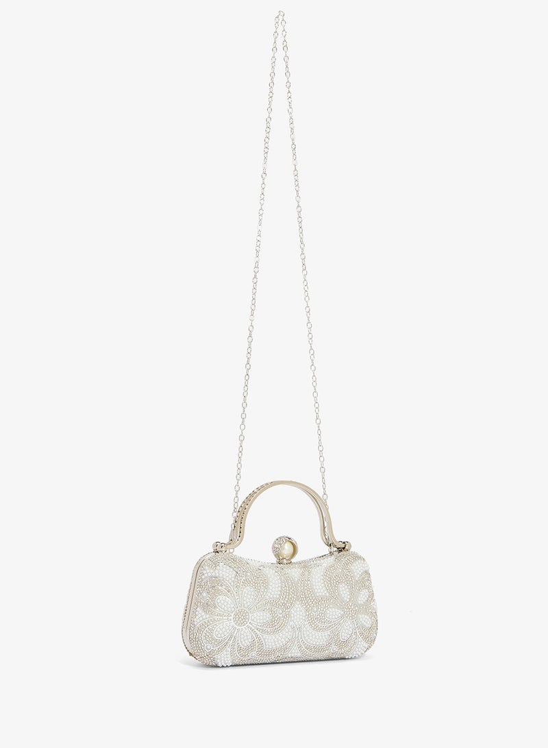 Khizana Pearl And Rhinestone Embellished Clutch With Silver Top Handle - Image 2