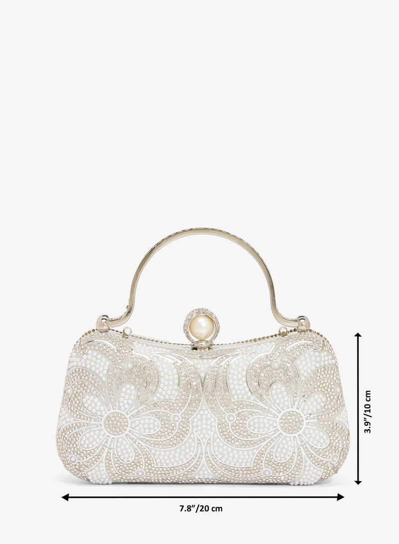 Khizana Pearl And Rhinestone Embellished Clutch With Silver Top Handle - Image 5