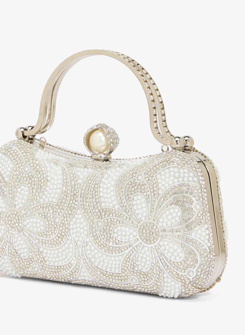Khizana Pearl And Rhinestone Embellished Clutch With Silver Top Handle - Image 3