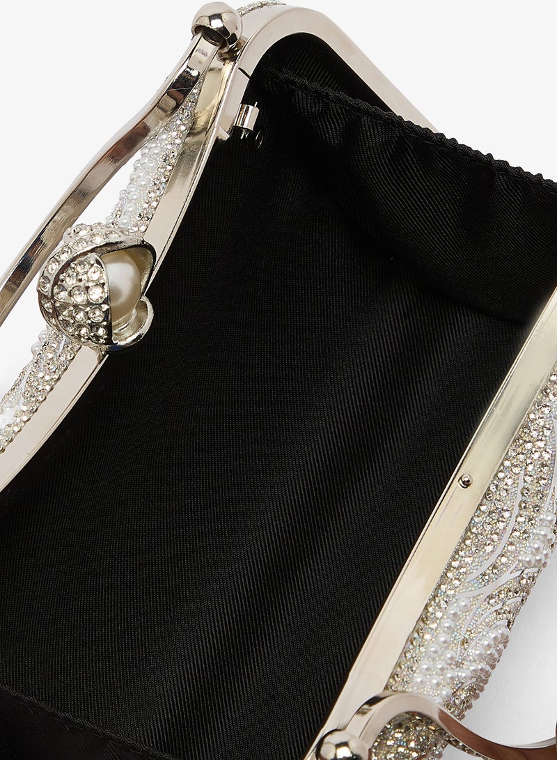 Khizana Pearl And Rhinestone Embellished Clutch With Silver Top Handle - Image 4