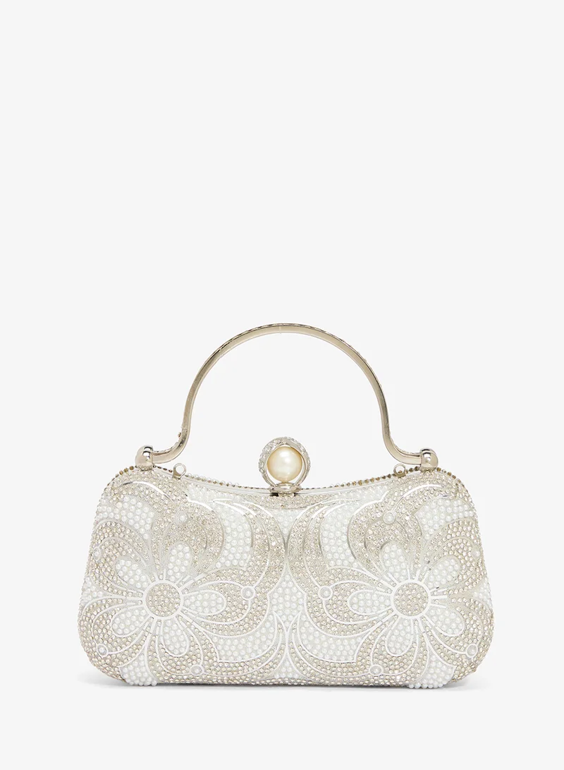 Khizana Pearl And Rhinestone Embellished Clutch With Silver Top Handle