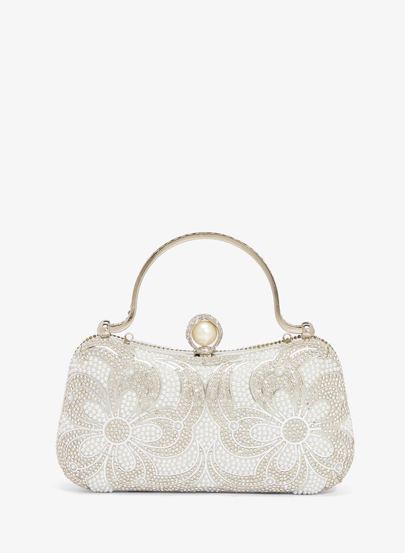 Khizana Pearl And Rhinestone Embellished Clutch With Silver Top Handle - Image 1