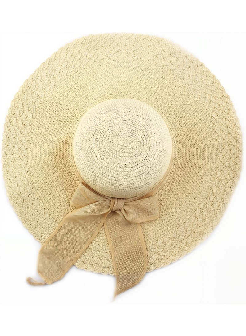 Generic Beach Straw Sun Hat for Women Foldable Wide Brim Hat UPF 50+ UV Protection, Packable Summer Travel Floppy Hat, Korean Style Vacation Sun Hat for Ladies 