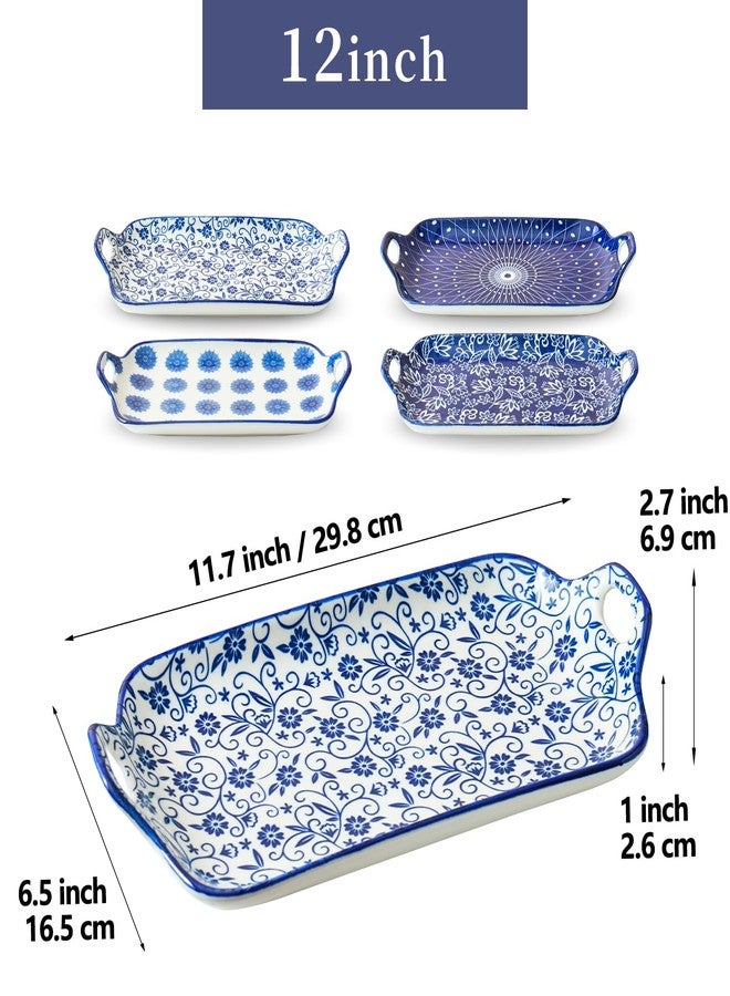 Cerkik Serving Tray with Handles - 12 Inch Large Ceramic Rectangle Turkey Serving Platter for Food Meat - Porcelain Serving Dish for Entertaining Thanksgiving - Oven Safe - Set of 4 - Vintage Blue - Image 4
