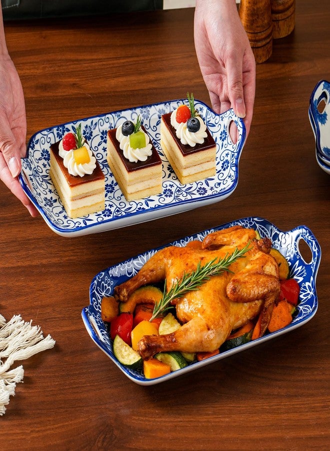 Cerkik Serving Tray with Handles - 12 Inch Large Ceramic Rectangle Turkey Serving Platter for Food Meat - Porcelain Serving Dish for Entertaining Thanksgiving - Oven Safe - Set of 4 - Vintage Blue - Image 5