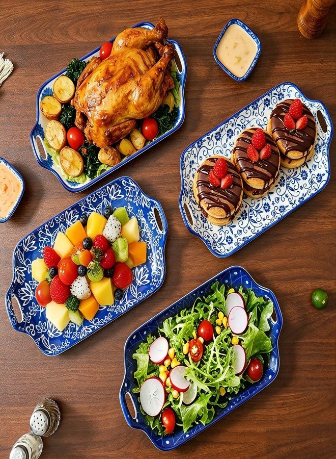 Cerkik Serving Tray with Handles - 12 Inch Large Ceramic Rectangle Turkey Serving Platter for Food Meat - Porcelain Serving Dish for Entertaining Thanksgiving - Oven Safe - Set of 4 - Vintage Blue - Image 3