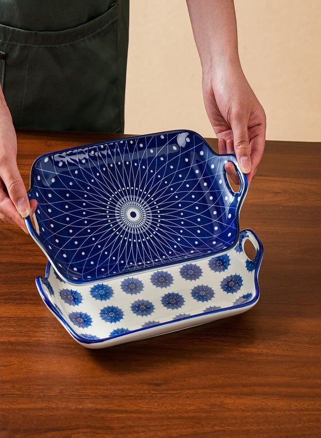 Cerkik Serving Tray with Handles - 12 Inch Large Ceramic Rectangle Turkey Serving Platter for Food Meat - Porcelain Serving Dish for Entertaining Thanksgiving - Oven Safe - Set of 4 - Vintage Blue - Image 2