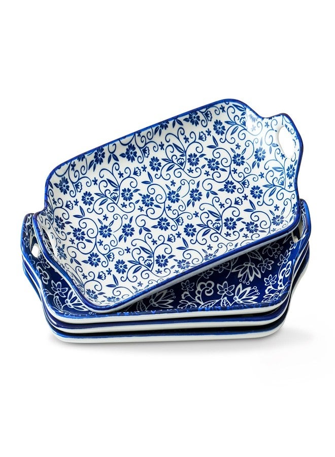 Cerkik Serving Tray with Handles - 12 Inch Large Ceramic Rectangle Turkey Serving Platter for Food Meat - Porcelain Serving Dish for Entertaining Thanksgiving - Oven Safe - Set of 4 - Vintage Blue - Image 1