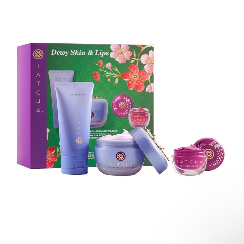 Tatcha Dewy Skin & Lips Hydrating Ritual Set, Travel Rice Wash, Full Size Dewy Skin Cream, Wisteria Lip Mask ($119 Value) - Image 1